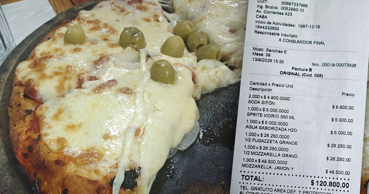 Una salida a El Cuartito en septiembre: $120.800 por dos mitades grandes, una pizza con jamón y cuatro bebidas